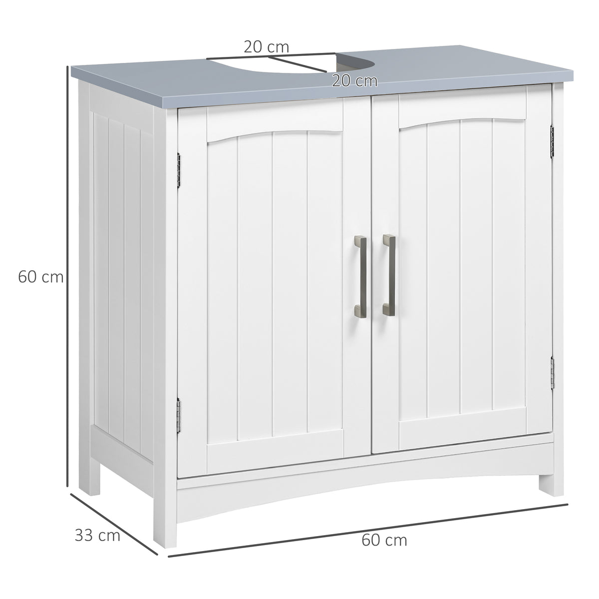 White under-sink bathroom cabinet with double doors, raised feet, and a sink cutout; 60 cm wide.