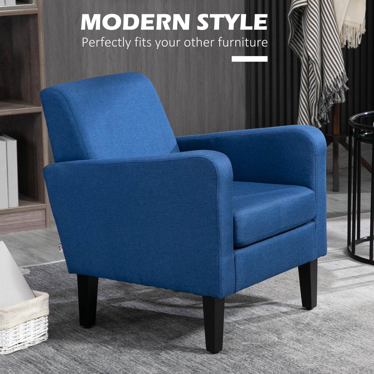 HOMCOM blue armchair shown at an angle, with boxy arms and tapered black legs