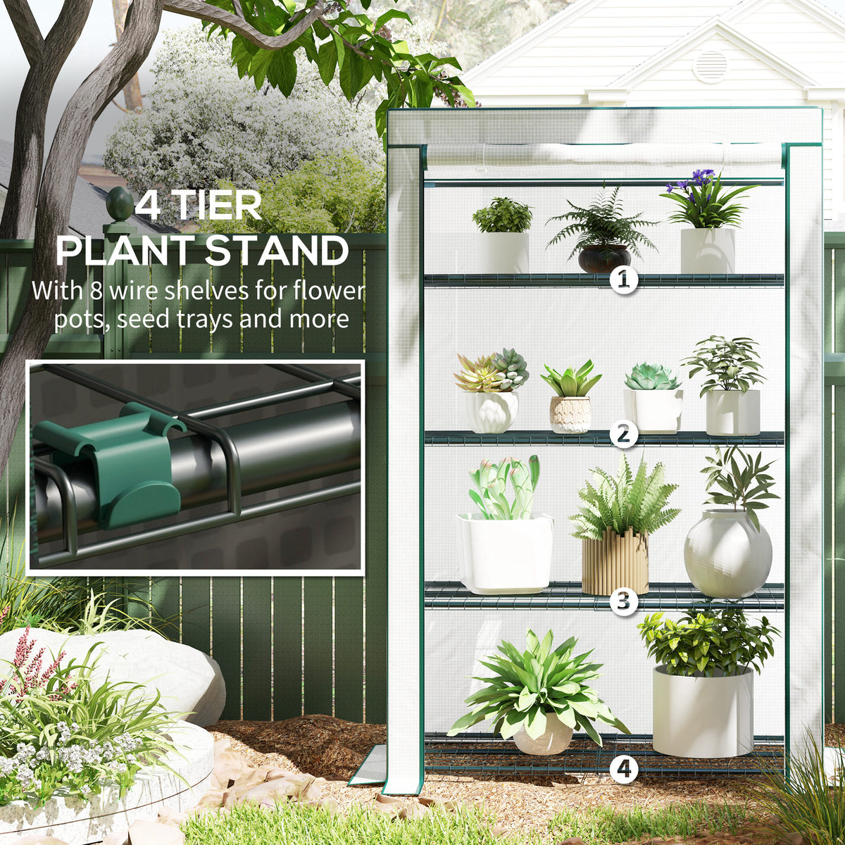 Outsunny four-tier plant stand greenhouse with wire shelves and green frame