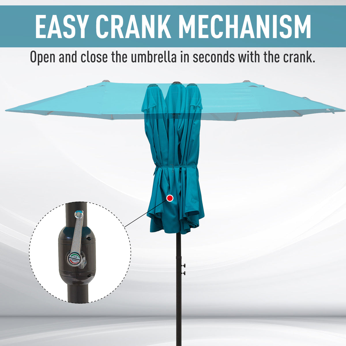 Outsunny double garden parasol with canopy partly folded around the pole and crank mechanism
