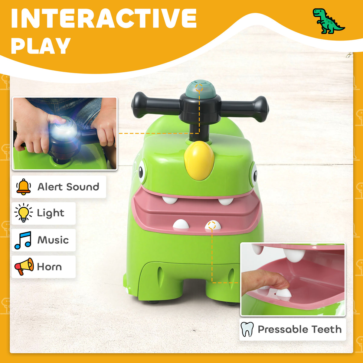 AIYAPLAY Kids Ride On Car, Dinosaur Foot to Floor Slider with Storage, Toddler Walker with Light, Sounds, Green