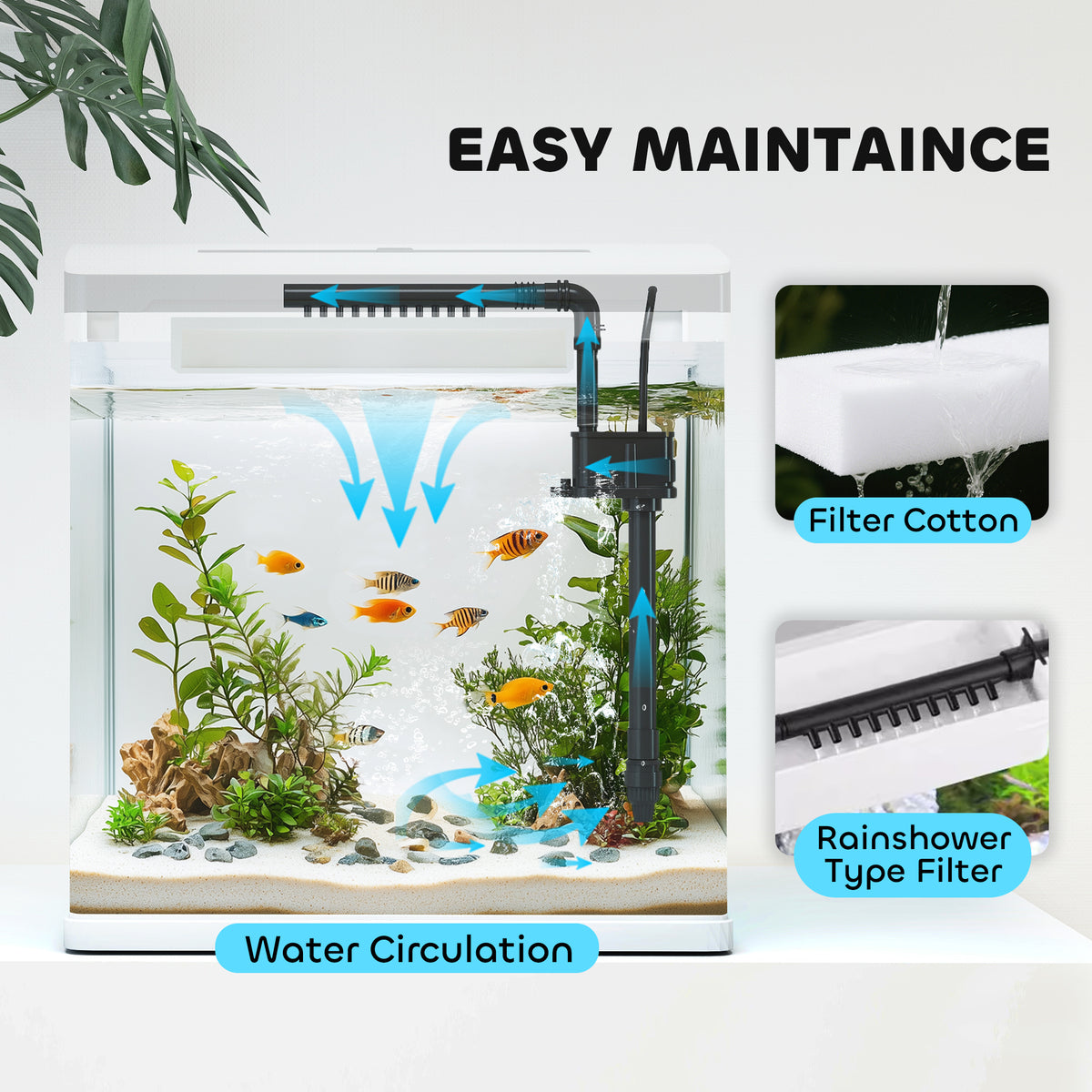 Aquarium with internal filter, filter cotton, and water circulation shown