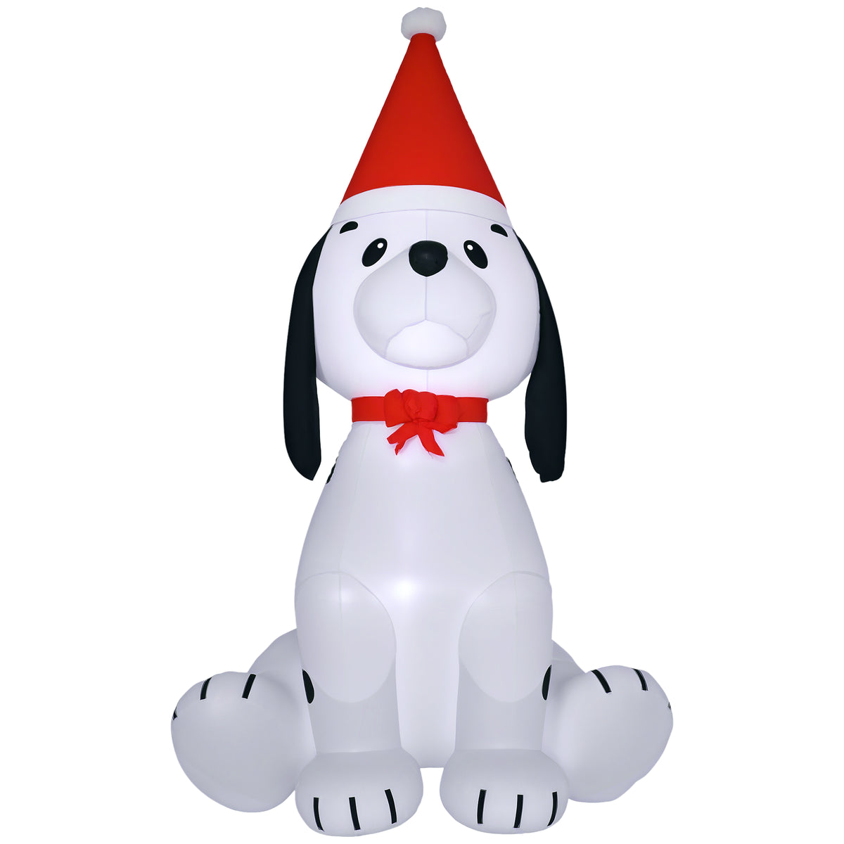 Full view of a white inflatable Christmas puppy with black ears, red Santa hat, and neck bow.