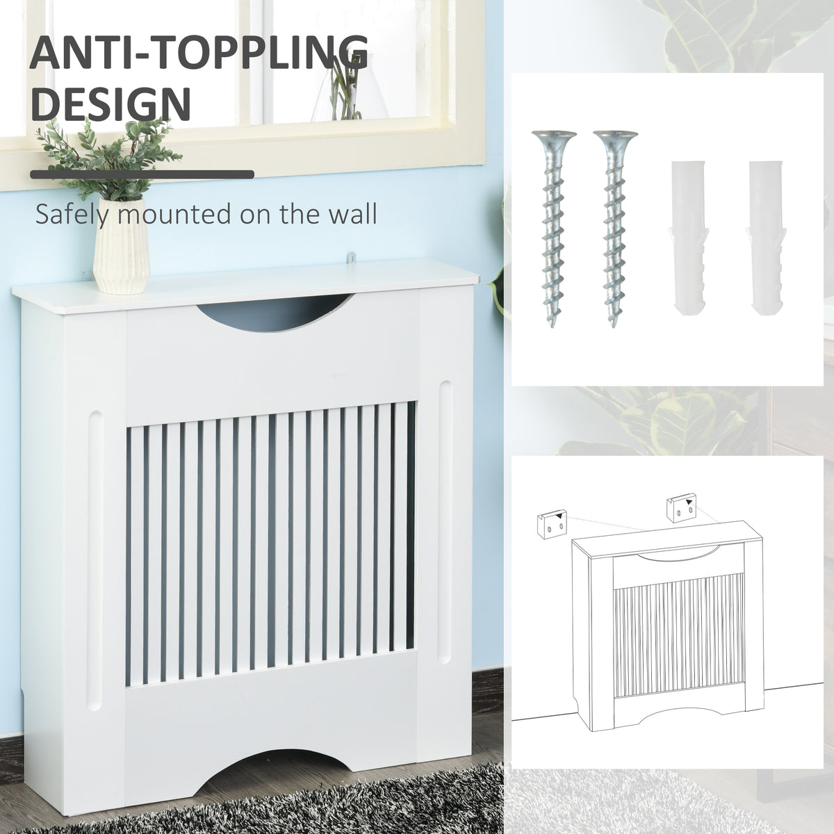 White slatted radiator cover cabinet shown with wall-mounting hardware