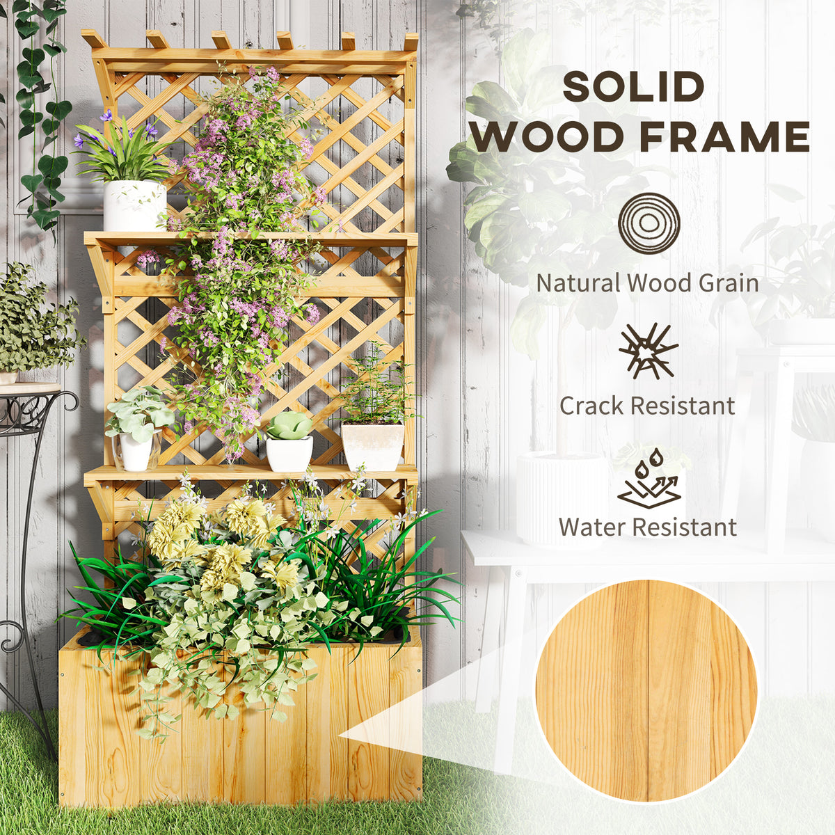 Wooden planter with lattice trellis and shelves, displaying natural wood grain