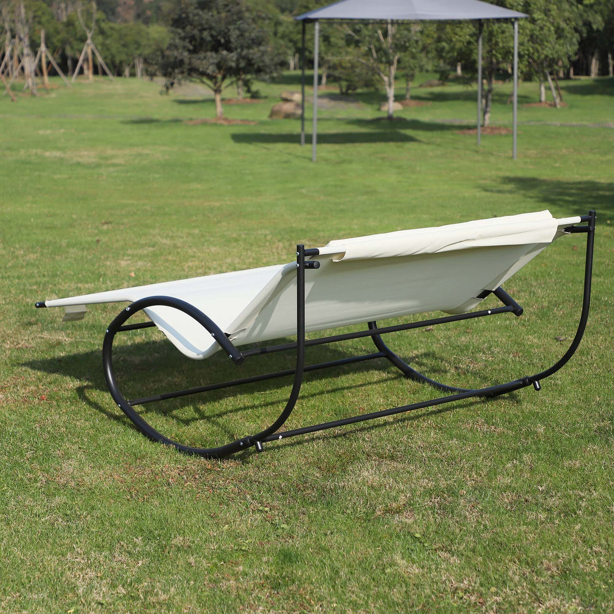 Outsunny double rocking sun lounger with cream fabric and black metal frame