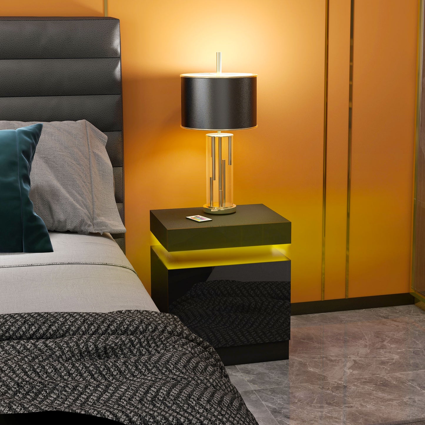 HOMCOM Black Bedside Table with LED Light, High Gloss Front Nightstand with 2 Drawers, for Living Room, Bedroom