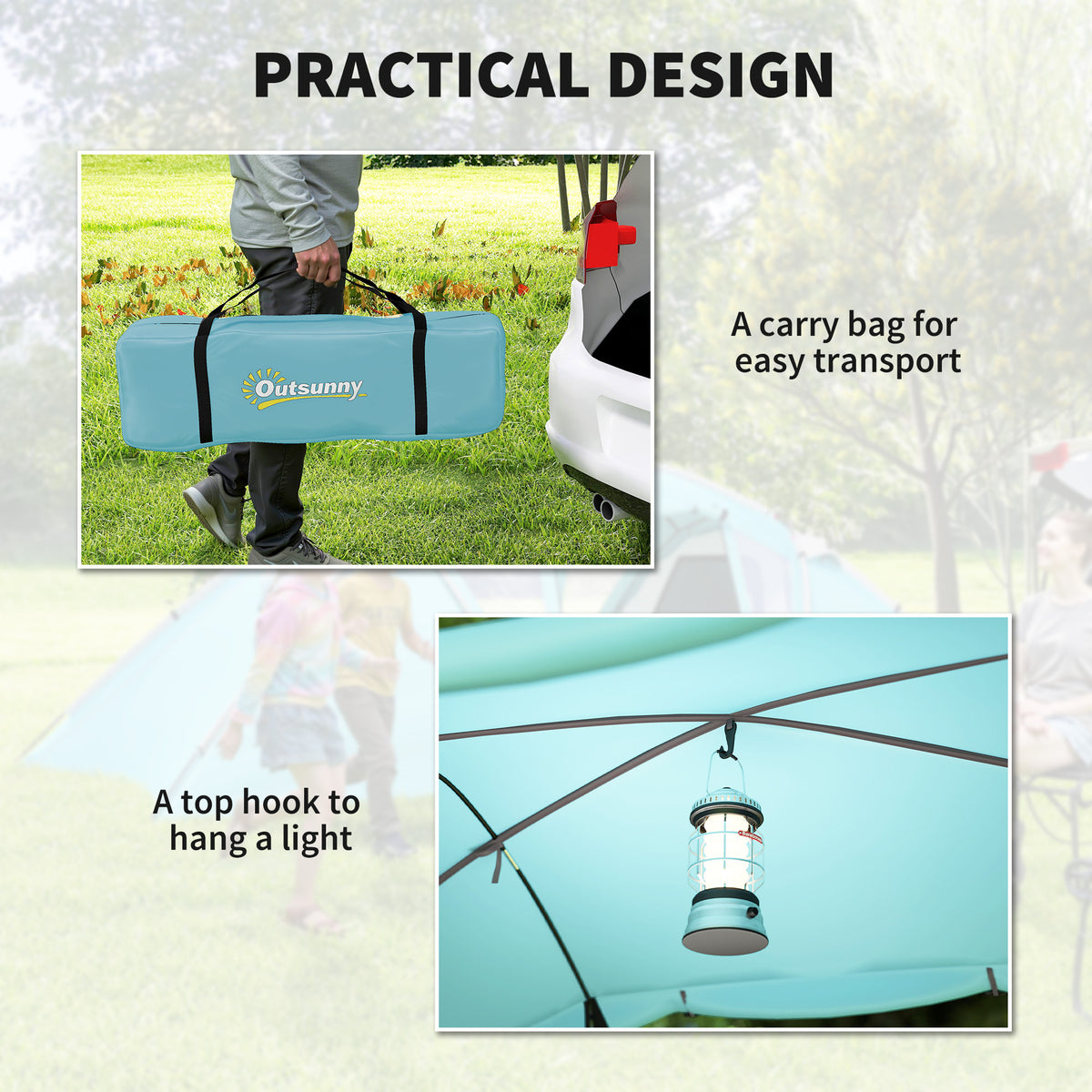 Outsunny blue tent carry bag and interior hook holding a lantern