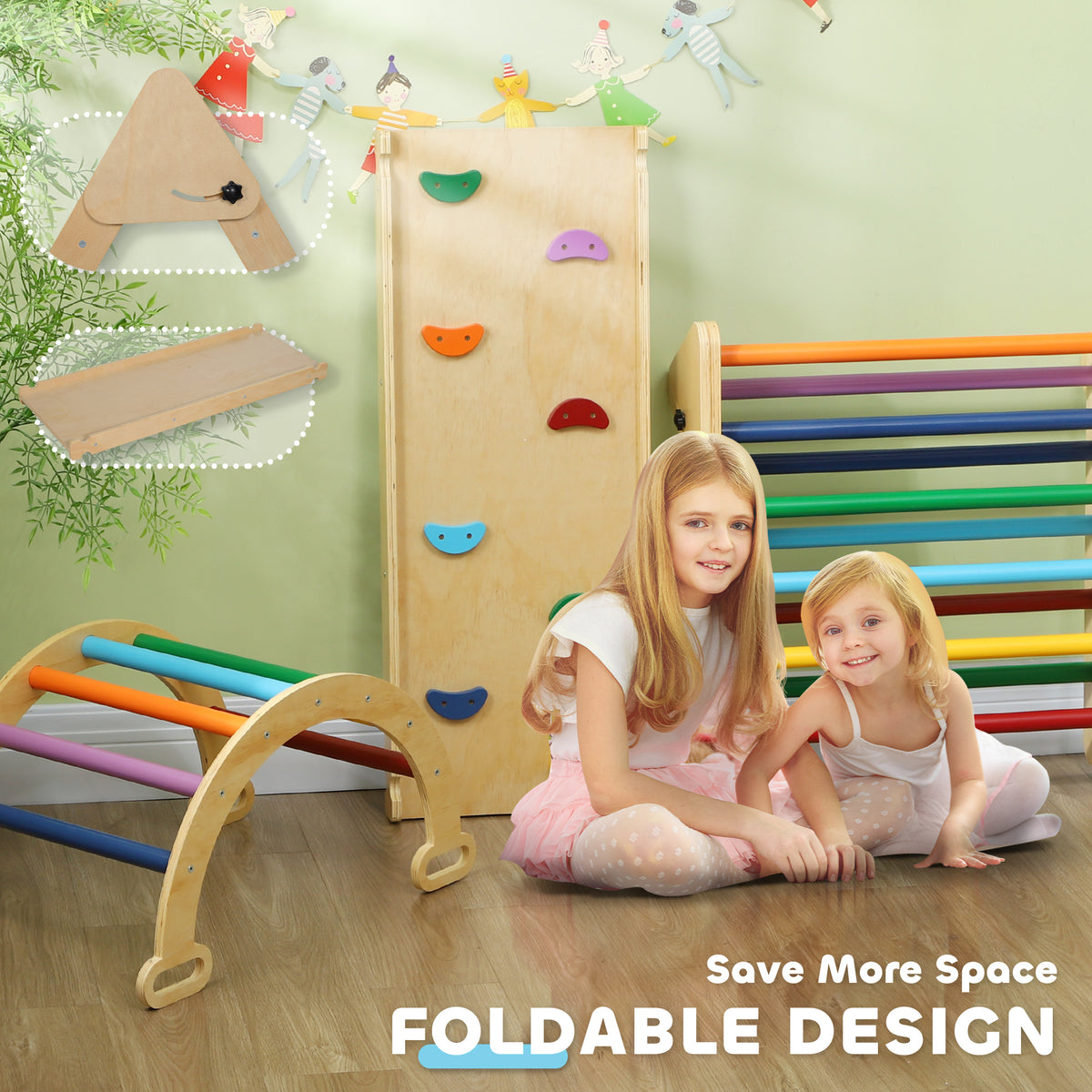 Foldable wooden toddler climbing frame with arch, ladder, and climbing ramp