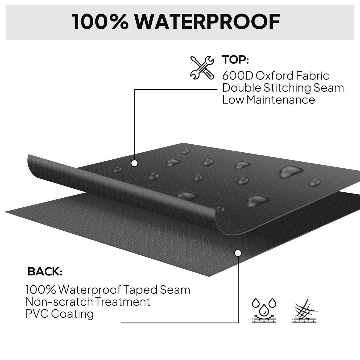 Black waterproof furniture cover fabric with double-stitched seams and PVC coating