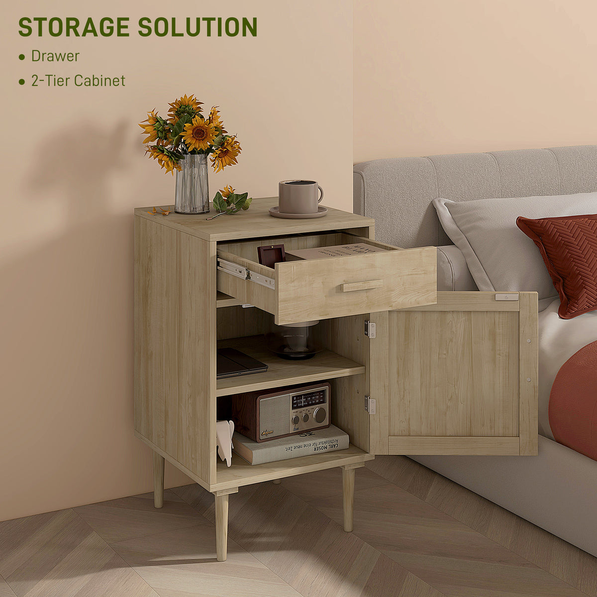 HOMCOM bedside table with open drawer and cabinet showing two storage tiers