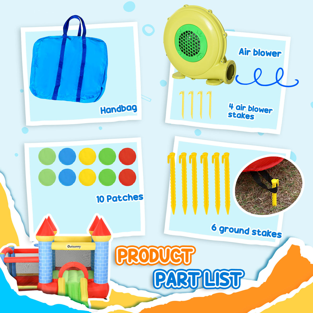 Bounce castle accessory set with air blower, carry bag, repair patches and ground stakes