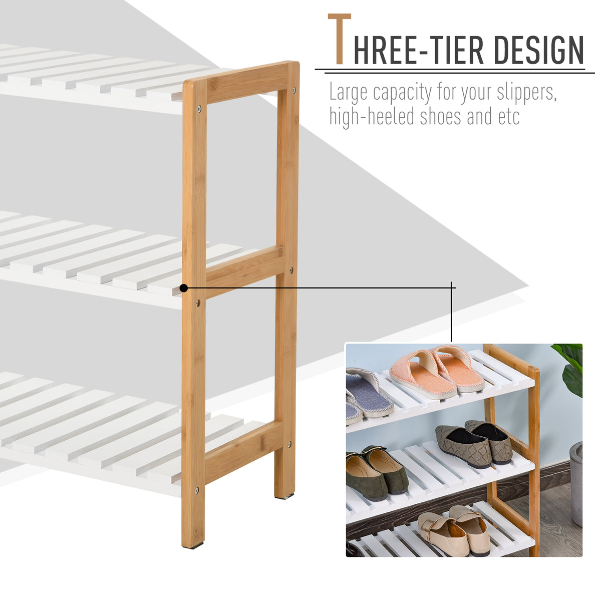 Three-tier shoe rack with natural wood frame and white slatted shelves, shown storing shoes.