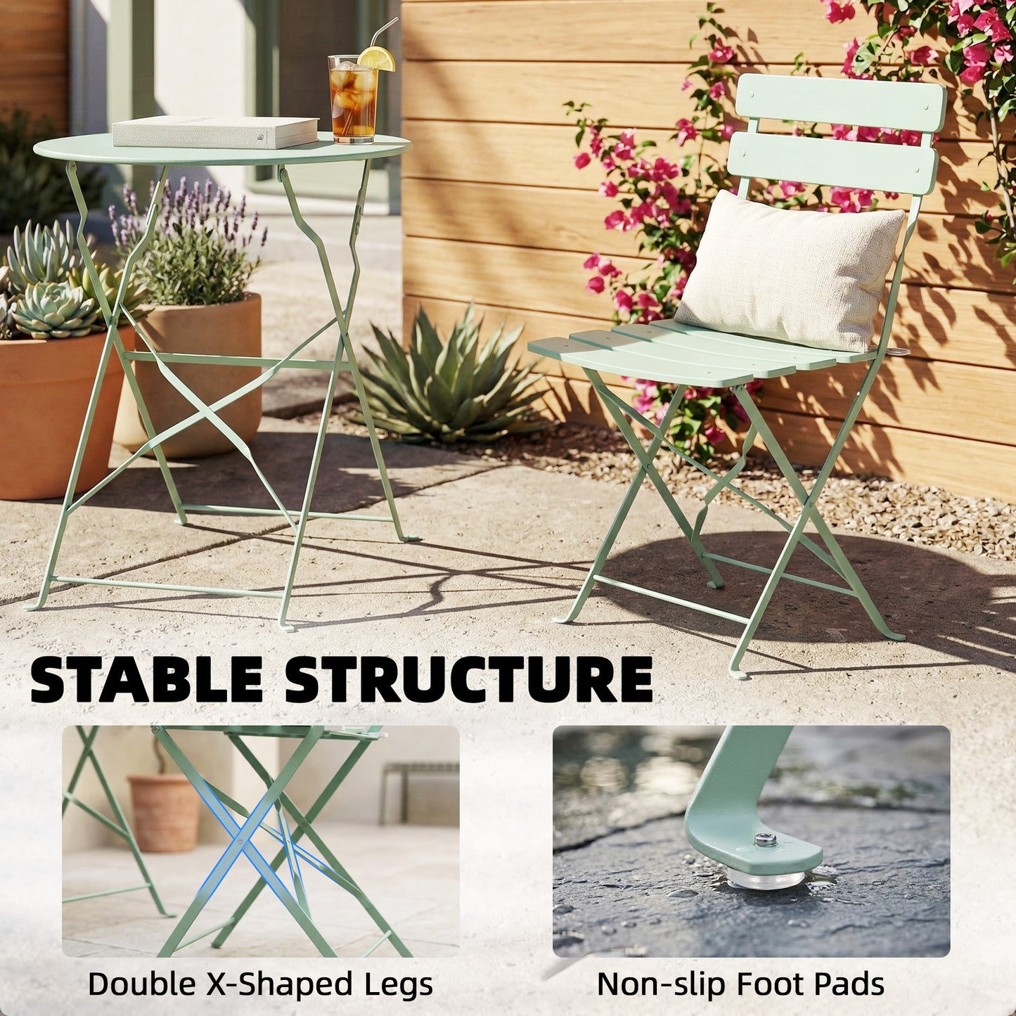 Outsunny Folding Garden Bistro Set, Outdoor Round Bistro Table and Chairs Set 2 with Electrophoresis Metal Frame, Light Green