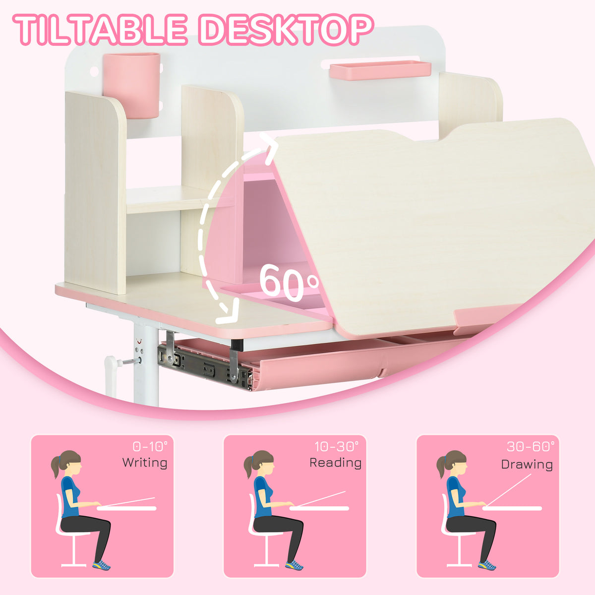 HOMCOM Kids Desk and Chair Set, with Storage Shelves, Washable Cover, for Ages 3-12 Years - Pink