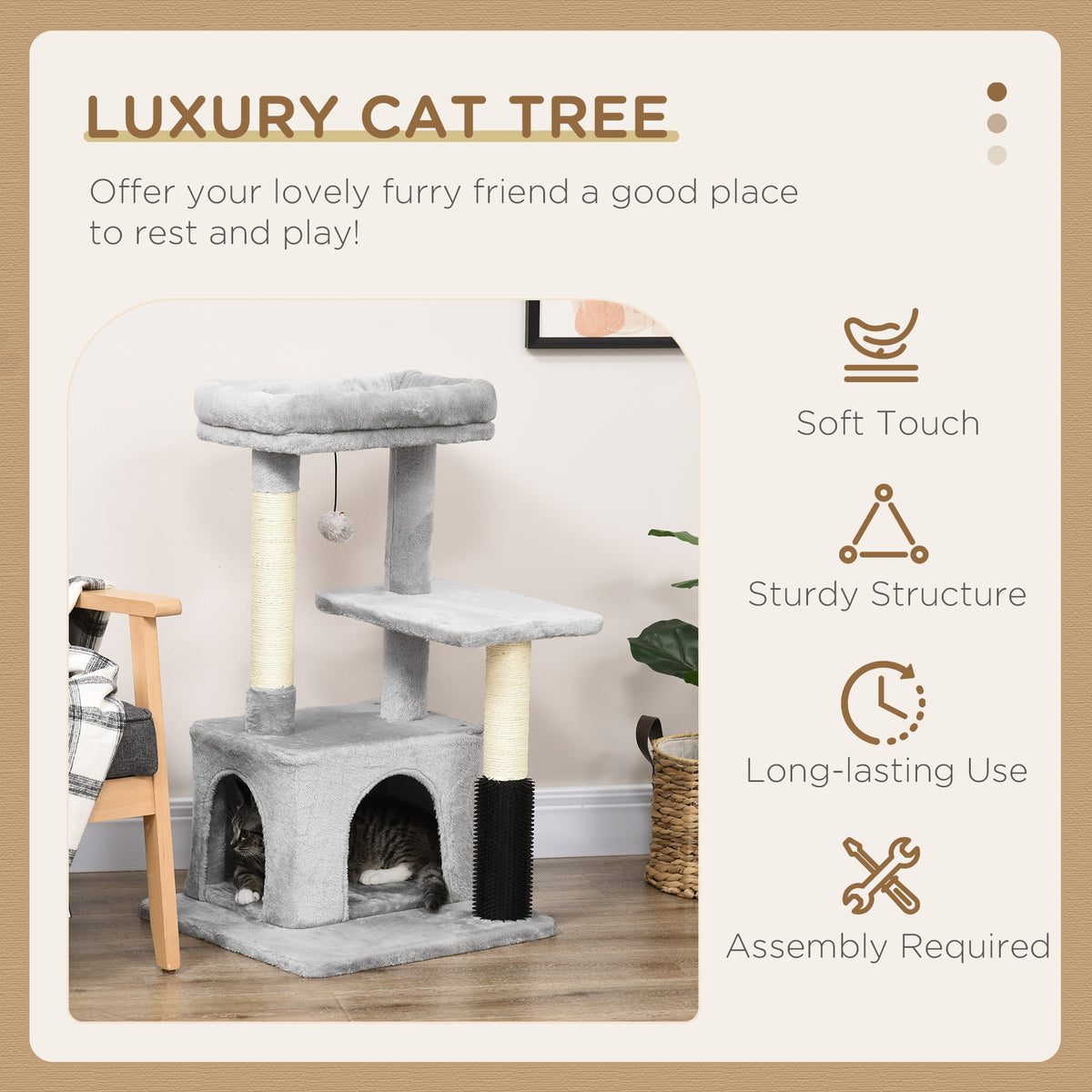 PawHut gray cat tree with padded top bed, platforms, two cubbies, and scratching posts