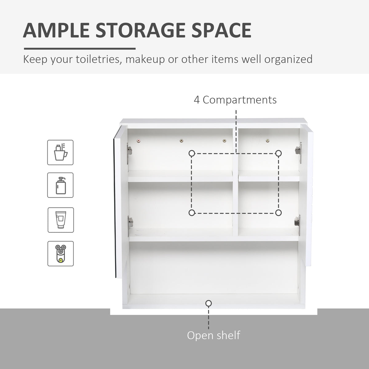 Open white mirror cabinet interior with four compartments and a lower open shelf