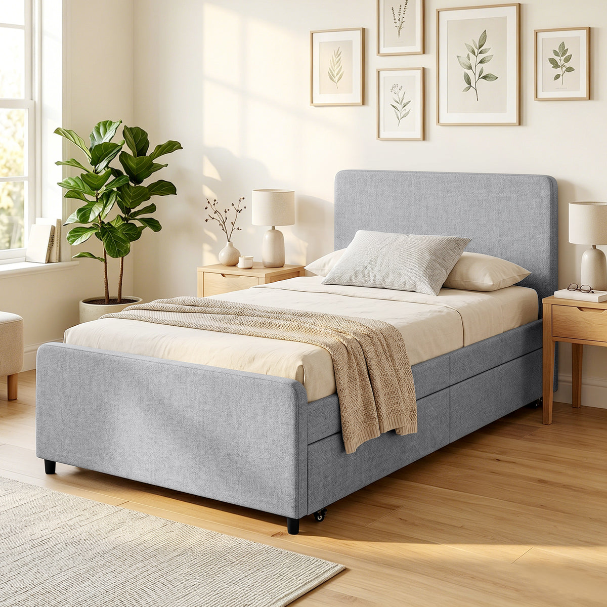 HOMCOM 3ft Single Bed Frame with Trundle, Upholstered Pull Out Trundle Bed with Headboard and Footboard, Light Grey