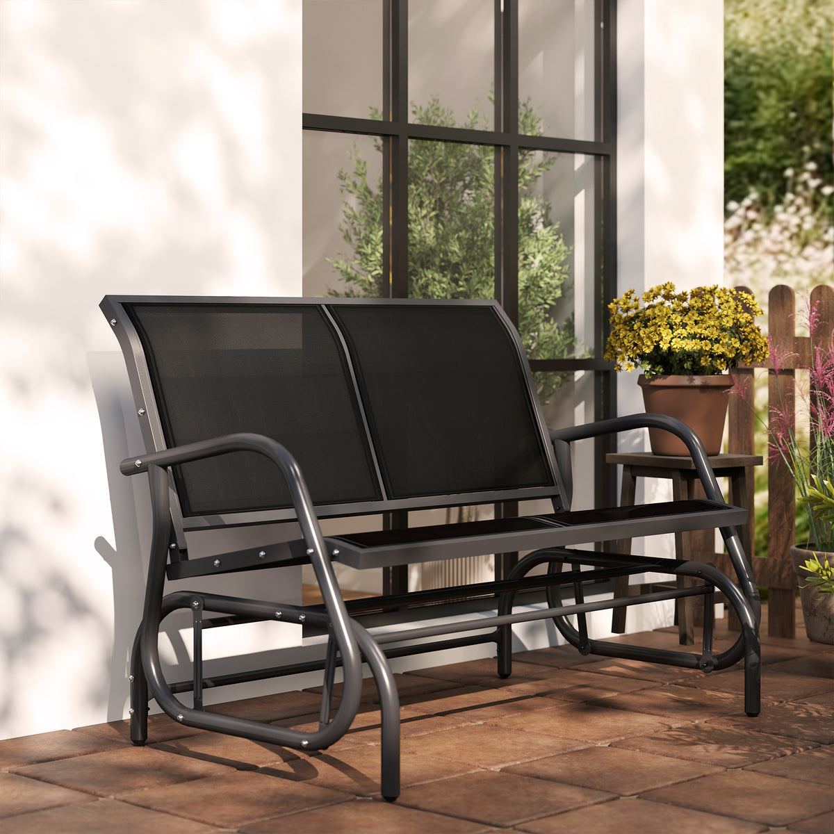 Outsunny 2-Person Outdoor Glider Bench Patio Double Swing Gliding Chair Loveseat w/Power Coated Steel Frame for Garden Patio Porch, Black