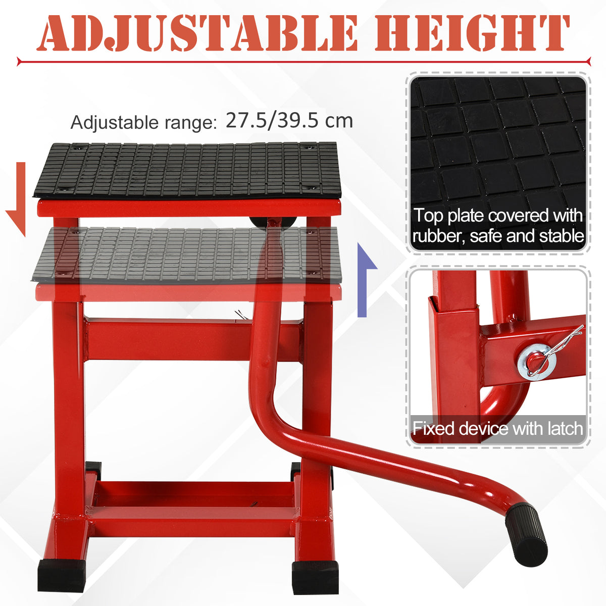 Adjustable red motorbike lift with rubber top plate and locking latch; height range 27.5–39.5 cm.