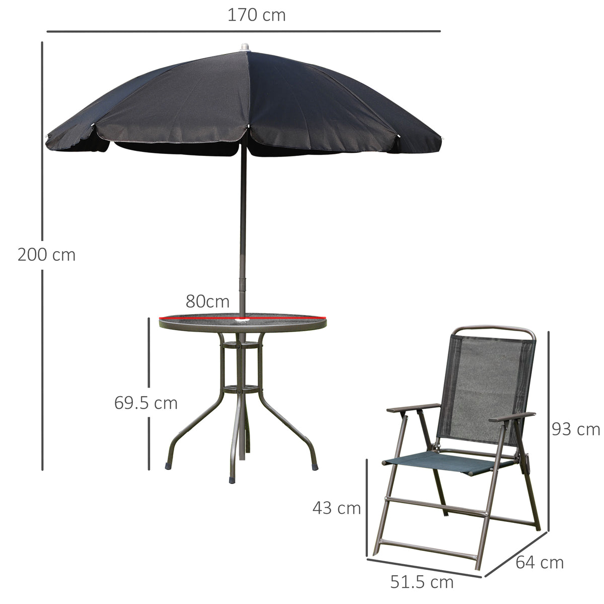 Outsunny 6 Piece Garden Dining Set with Umbrella, Patio Sets with Parasol with 4 Folding Dining Chairs, Black