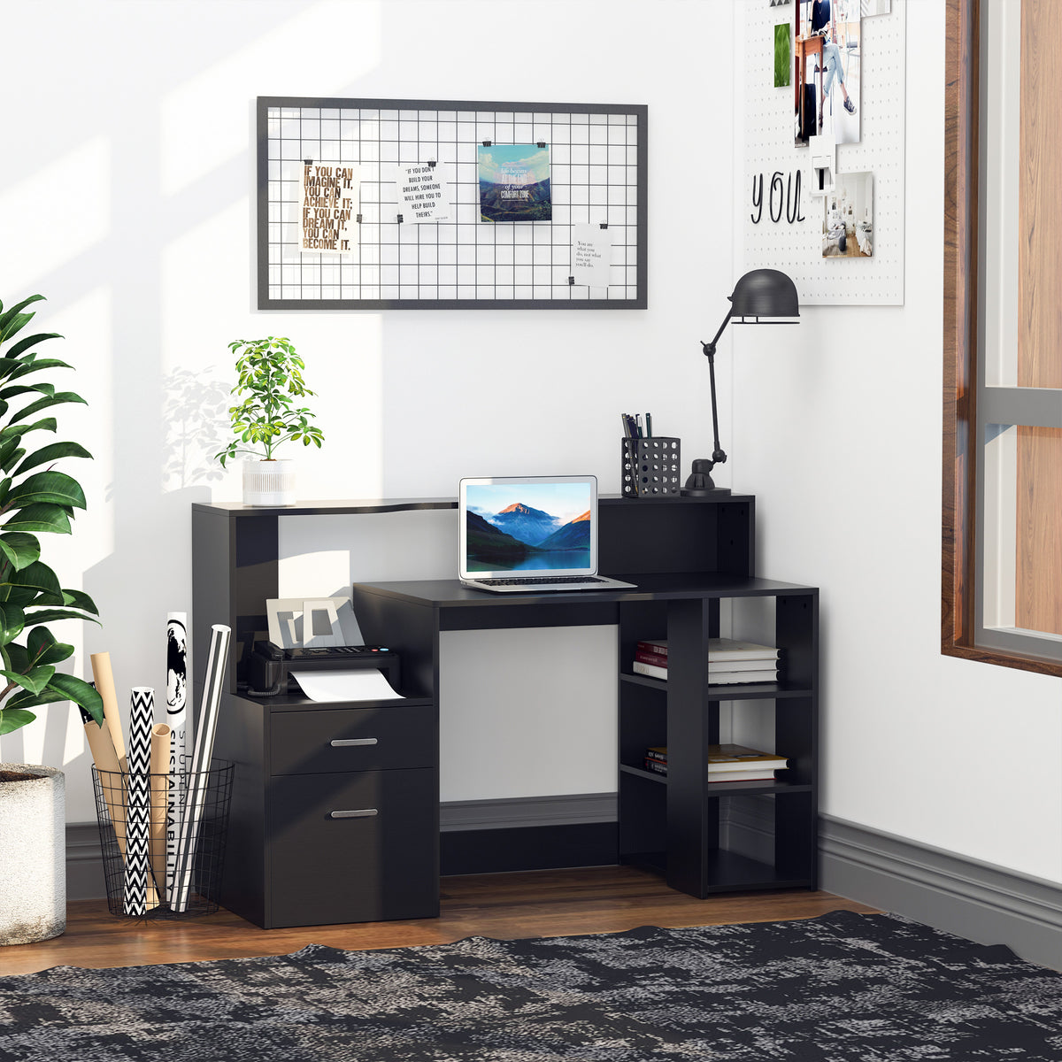 HOMCOM Computer Desk with Drawers and Storage Shelves, Office Desk Writing Table with Printer Stand, Black