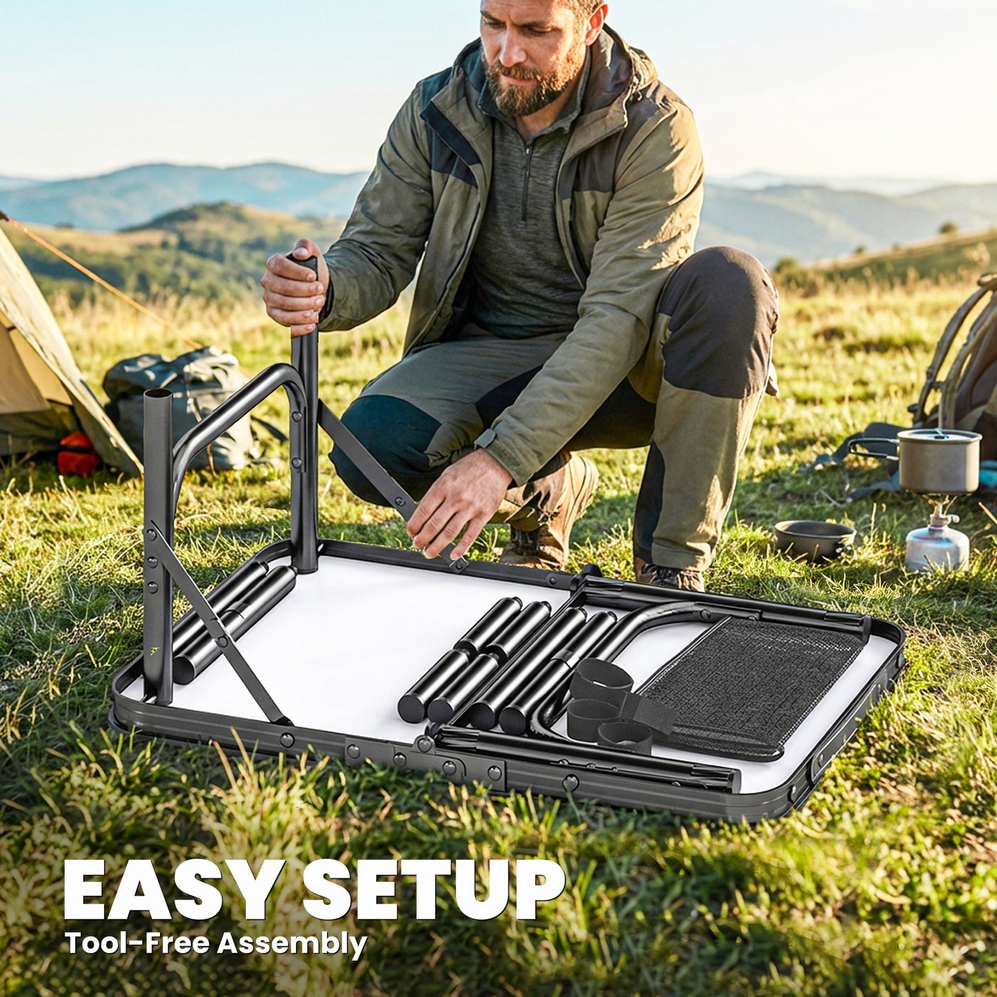 Outsunny 2ft Folding Camping Table, Picnic Table with Mesh Storage Layer, 4 Adjustable Heights and Carrying Handle, Black