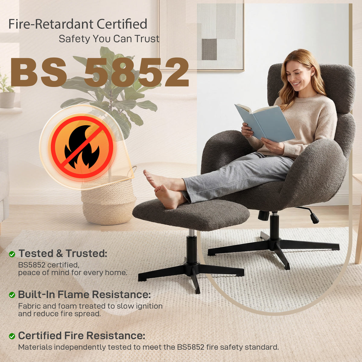 HOMCOM Swivel Armchair and Footstool Set, Height Adjustable Accent Chair with Adjustable Headrest, Rocking Function, Light Brown