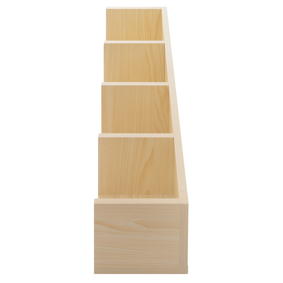 Natural wood media shelf shown from the side, revealing its four compartments.