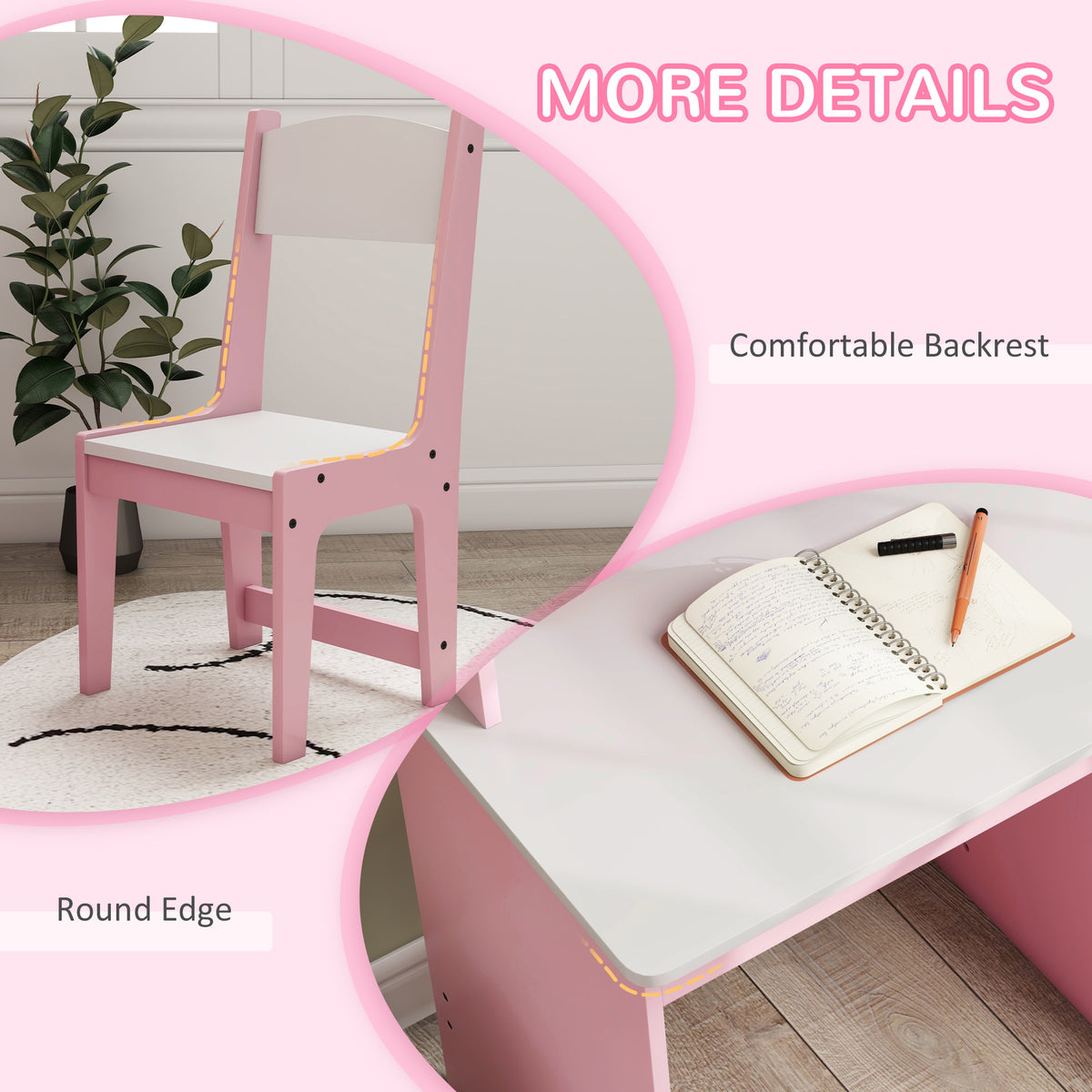 Pink chair with backrest and desk with a rounded work surface edge