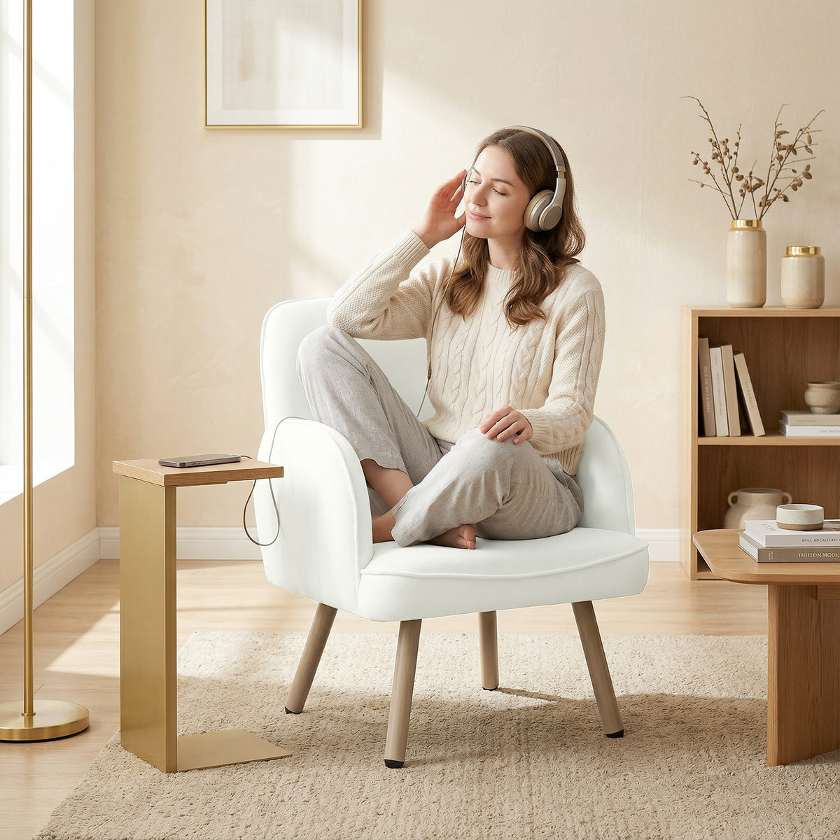 HOMCOM Lounge Chair Velvet Upholstered Armchair with Spring Cushion for Living Room Bedroom Cream White
