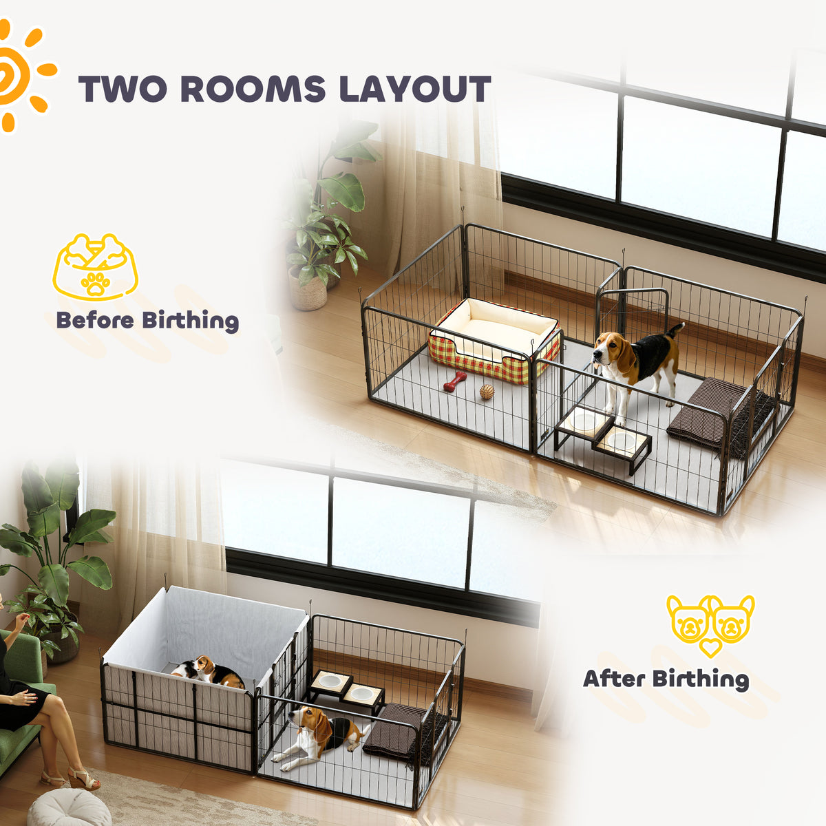 Dog playpen arranged in two rooms, with a fabric-lined whelping area and open enclosure
