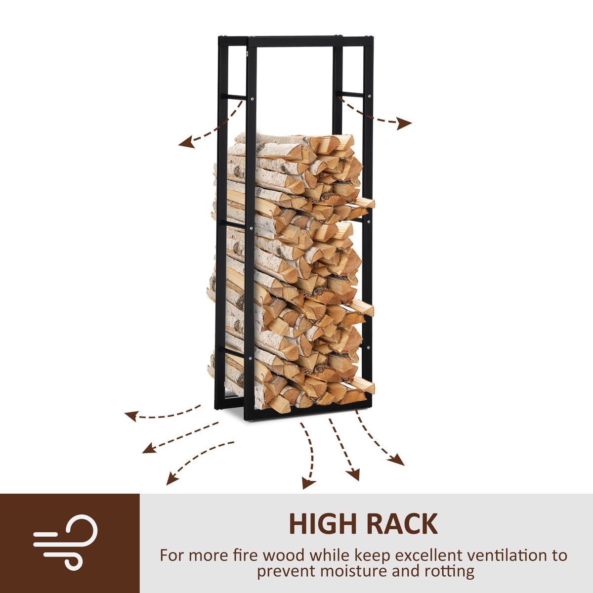 Tall black metal firewood rack filled with logs, with open sides for airflow