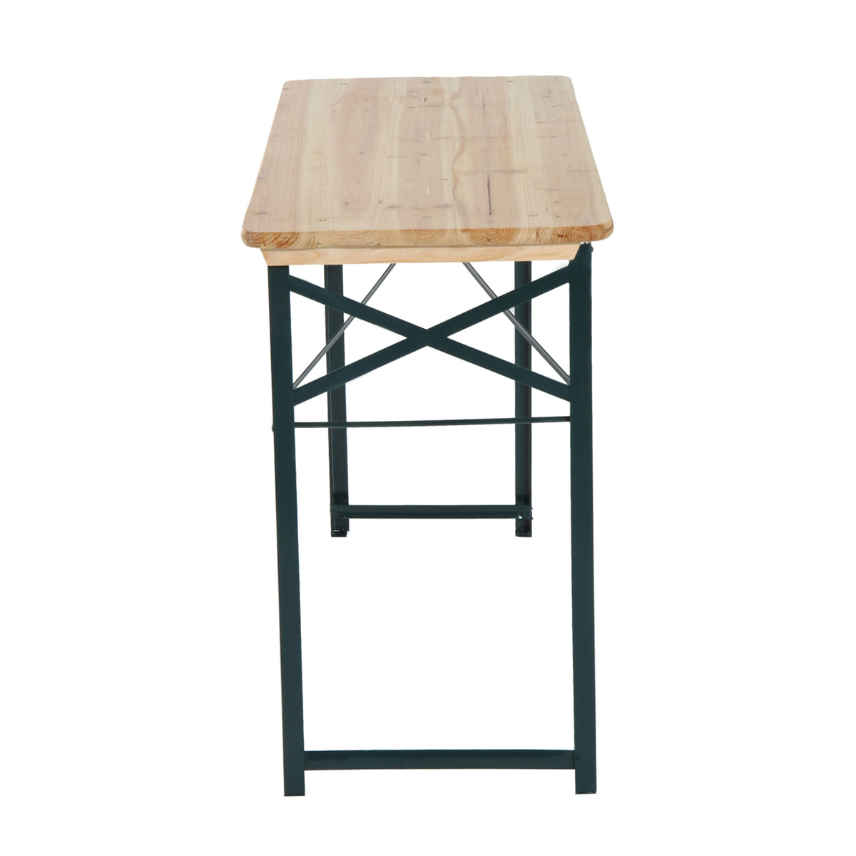 Fir wood tabletop with dark metal folding trestle frame