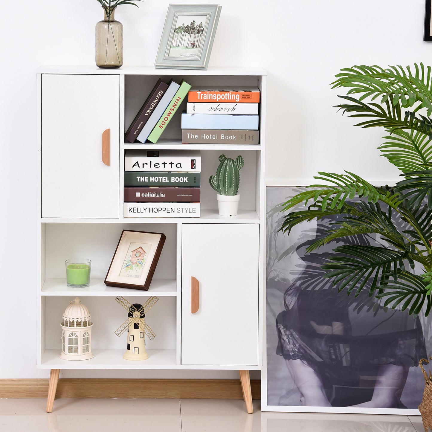 HOMCOM Sideboard Bookshelf Free Standing Bookcase Shelves Unit Display Storage Cabinet w/ Adjustable Shelves, Wooden Leg, Two Doors, White