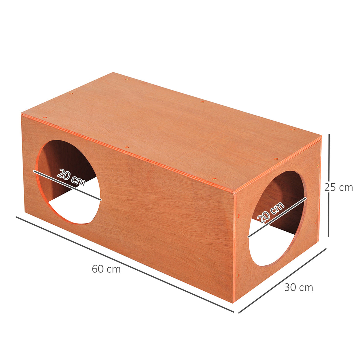 PawHut wooden pet hideaway box with two round openings, shown with 60 x 30 x 25 cm dimensions
