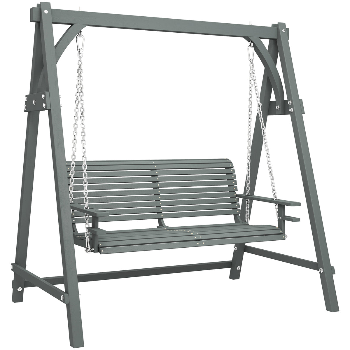Outsunny gray two-seat wooden garden swing bench with slatted seat, back, and cup holders