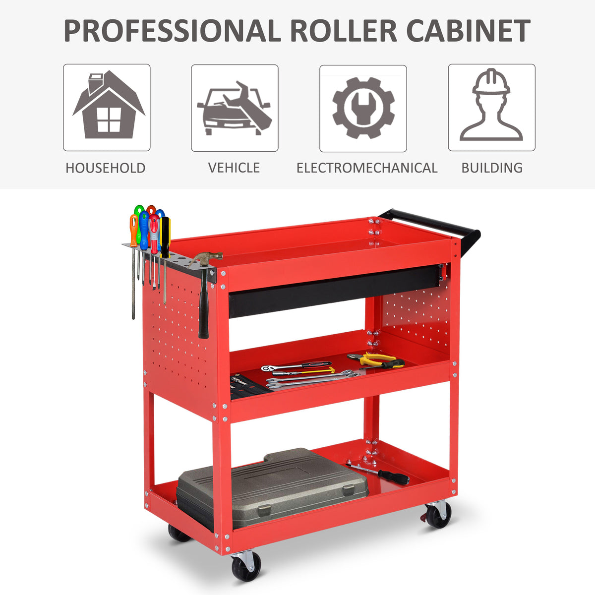 Three-tier red tool cart holding tools and a toolbox, with perforated sides and casters