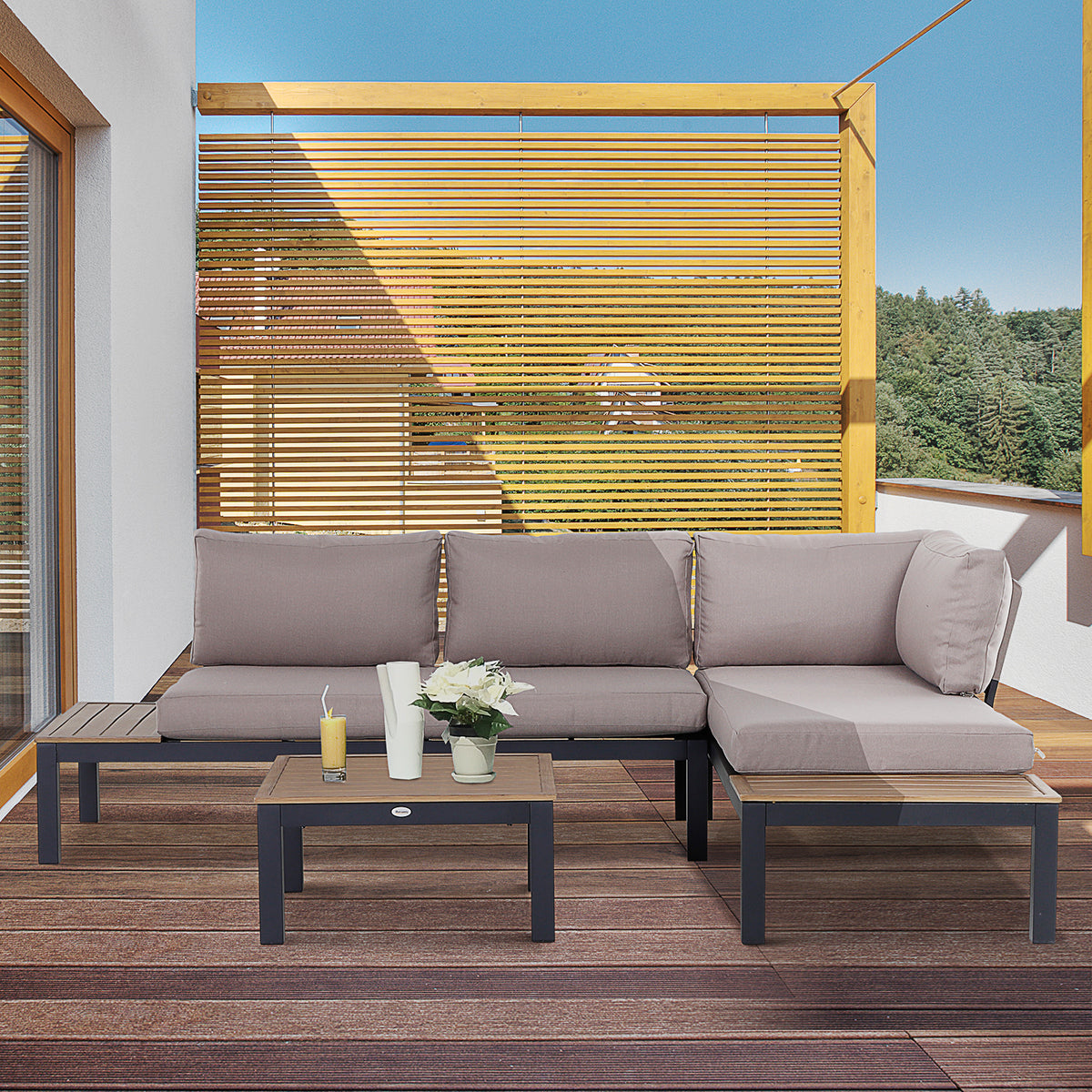 Outsunny outdoor corner sofa set with gray cushions, black frames, and a slatted coffee table