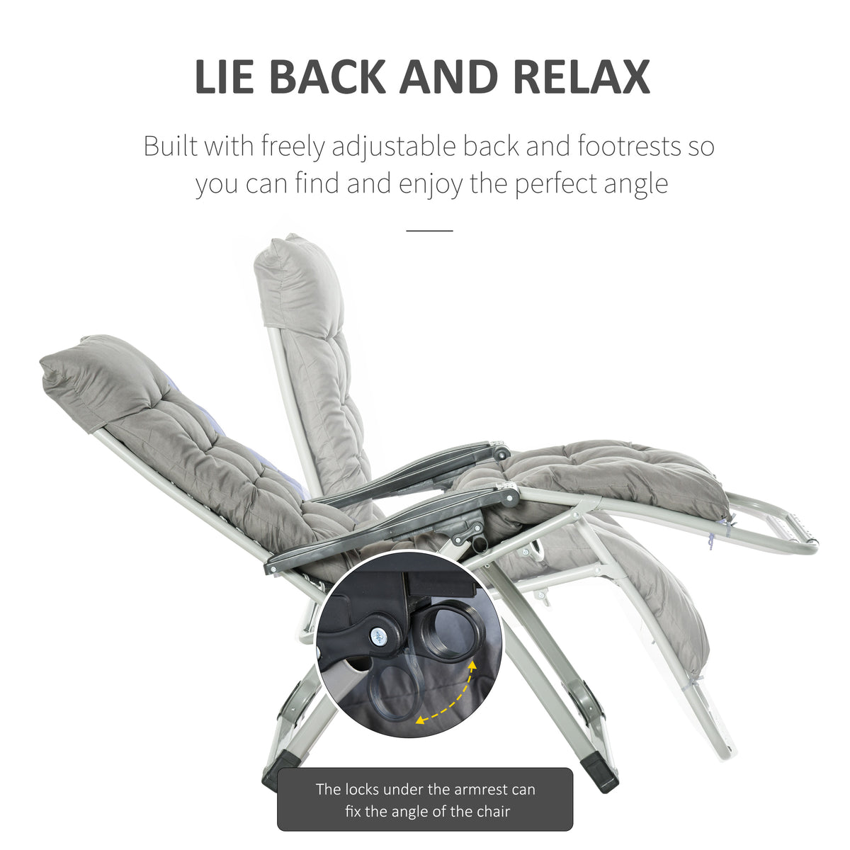 Padded lounger reclined with extended footrest and adjustable locking armrest