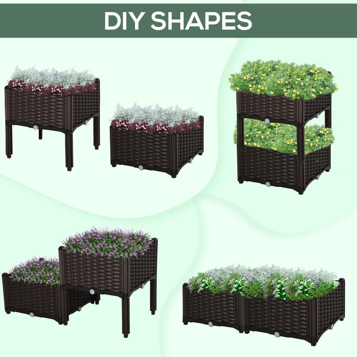 Two dark brown woven elevated planters arranged in several stackable configurations