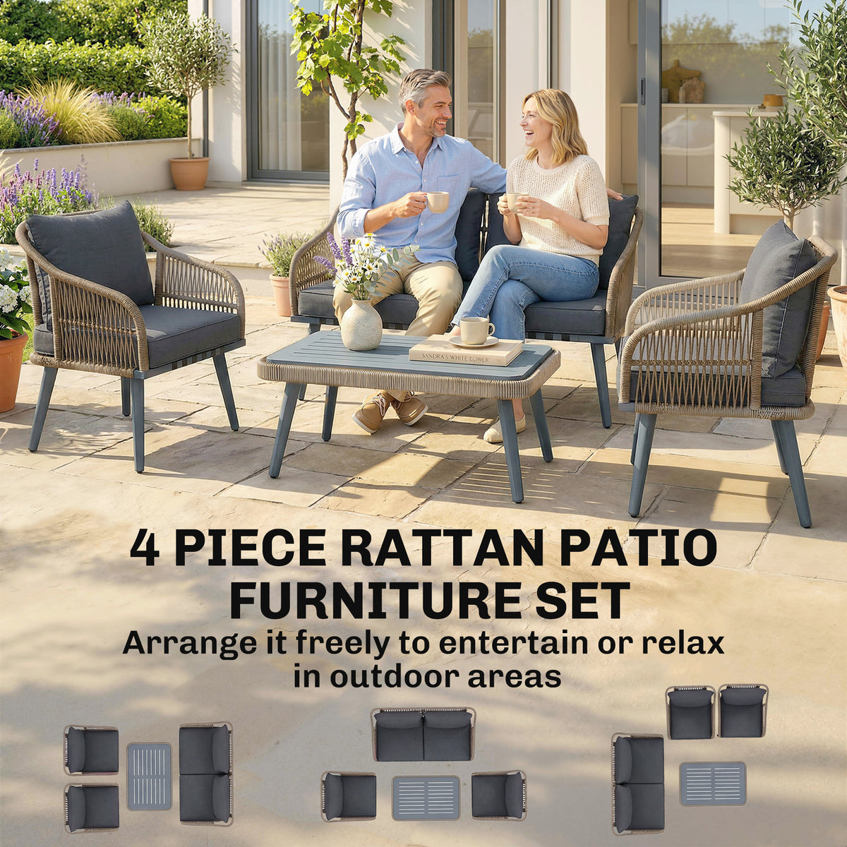 Outsunny 4 Piece Rattan Garden Furniture Set with Loveseat, Armchairs, Wood Table, Wicker Patio Conversation Set, Grey