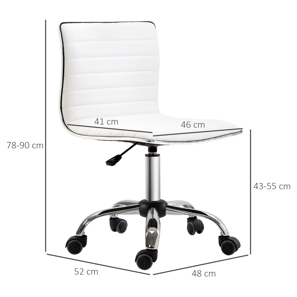 White adjustable swivel chair with chrome base and labeled seat and overall dimensions