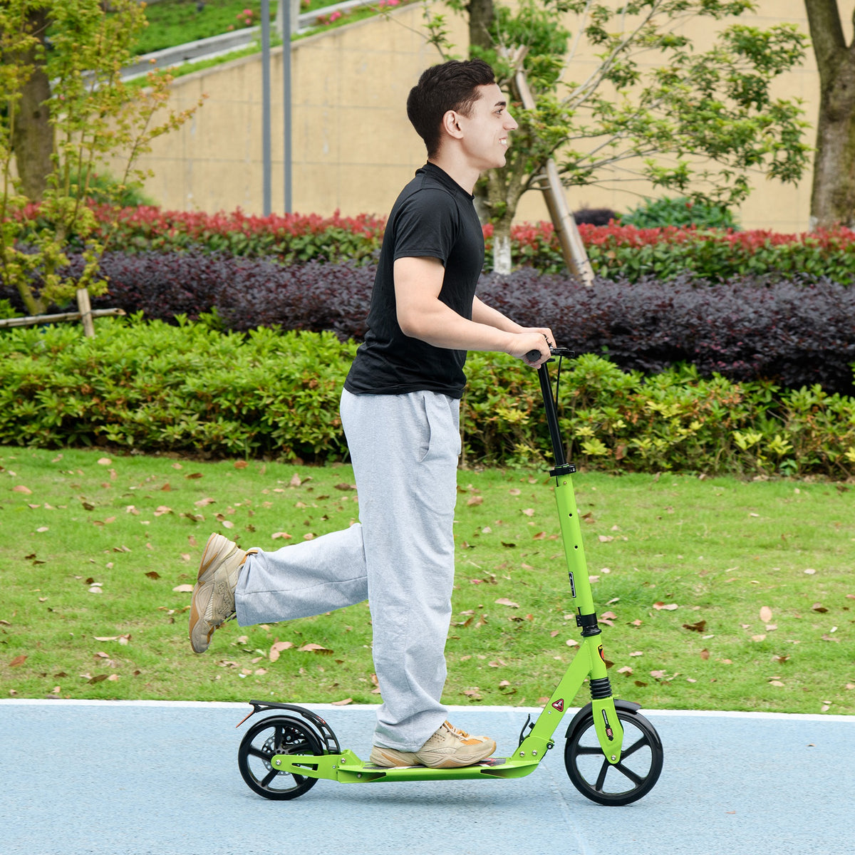 HOMCOM Kick Scooter, Folding 2 Wheel Scooter with Dual Brake System, Dual Suspension, 230mm Big Wheels and 3 Adjustable Handlebar, for 14+ Teens Adults, up to 100KG, Green