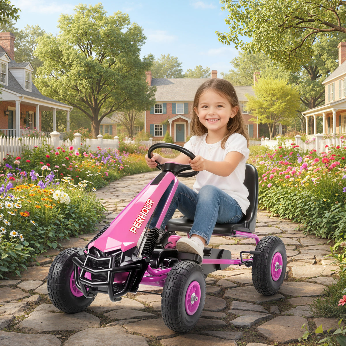 AIYAPLAY Kids Pedal Go Kart with Adjustable Seat, EVA Tyres, Manual Clutch, Brake, Go Kart for Kids 3-8 Years, Pink
