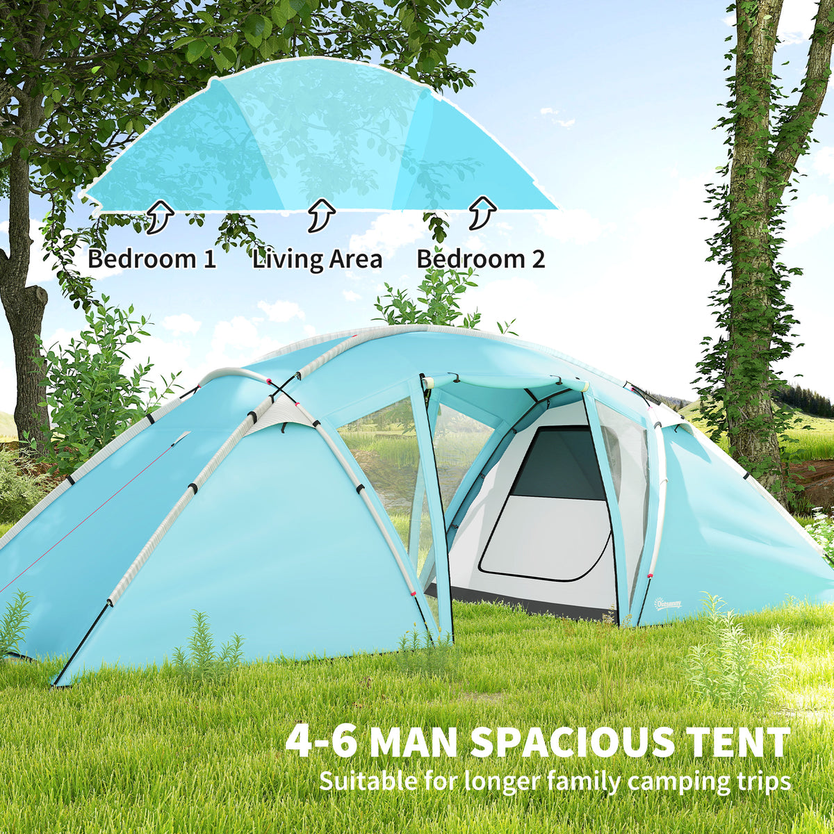 Outsunny blue tunnel tent with two bedrooms and a central living area