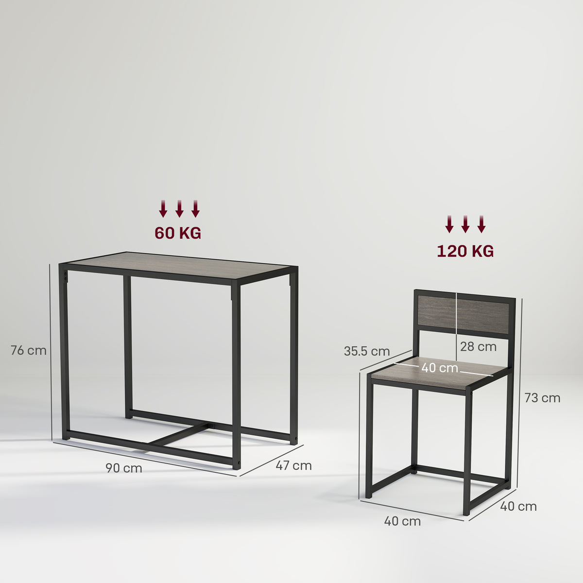 Dining set dimensions: 90 by 47 cm table and 40 cm square chairs with black steel frames