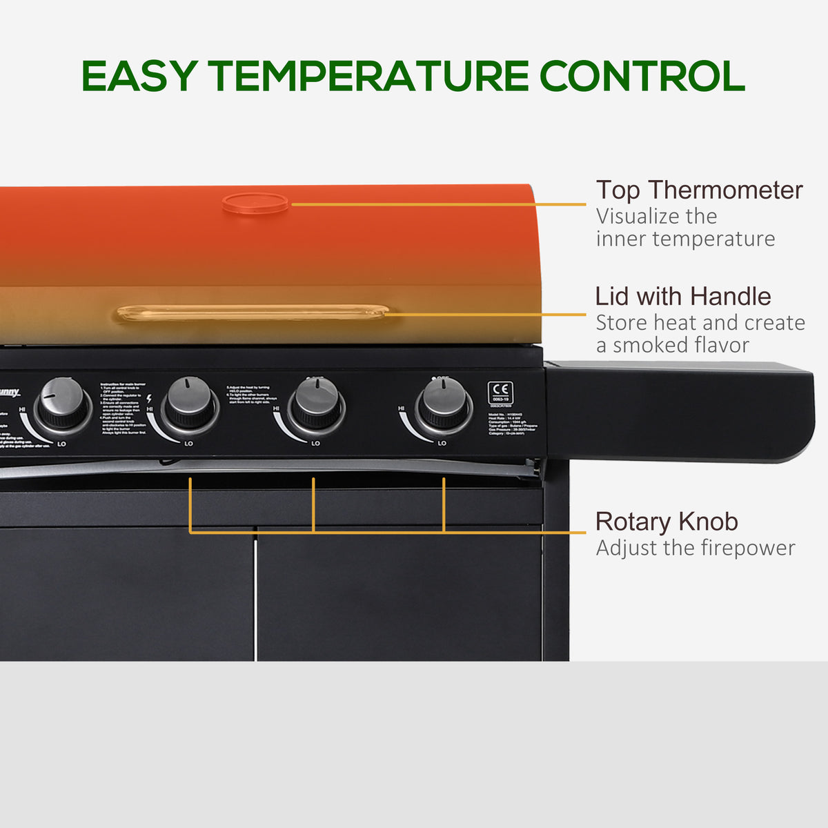 Gas BBQ grill with temperature gauge, lid handle and rotary burner control knobs
