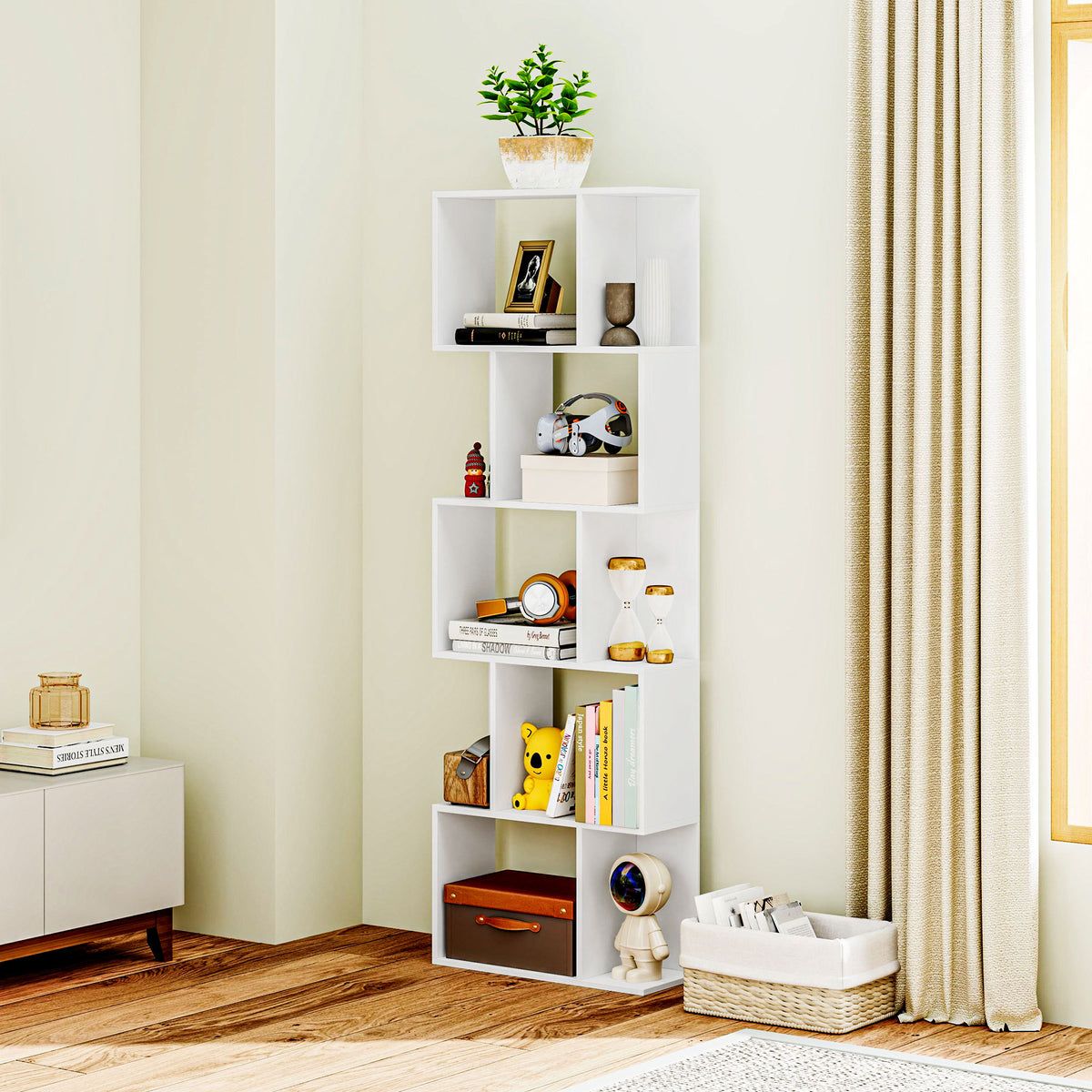 HOMCOM Bookcase, S-Shaped Wooden Bookshelf, 5 Tiers Freestanding Storage Shelf, Home Office Display Stand Rack, White