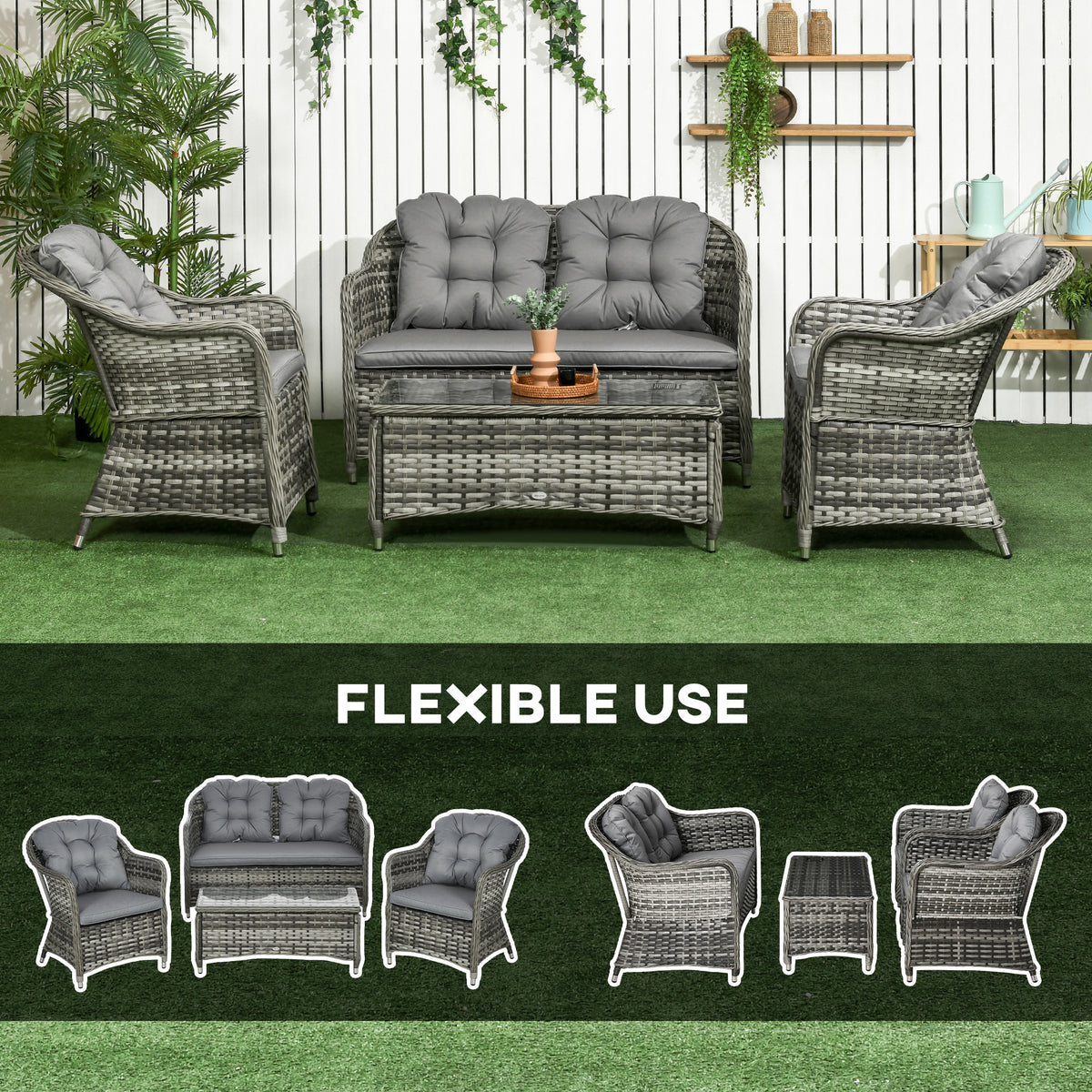 Four-piece rattan sofa set arranged with a two-seat sofa, two chairs, and table